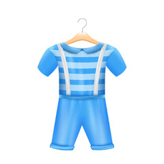 Blue romper costume for baby boy hanging on hanger isolated. Cute apparel for small kid