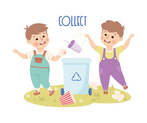 Little Boys Collecting Garbage in Dustbin Demonstrating Vocabulary and Verb Studying Vector Illustration