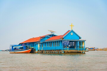Floating church, houseboat, floating village, boat trip, Tonle Sap Lake, Cambodia, Southeast Asia,...
