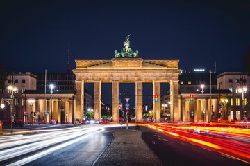 Brandenburg Gate with traces of light, illuminated at night, Berlin-Mitte, Berlin, Germany, Europe © imageBROKER