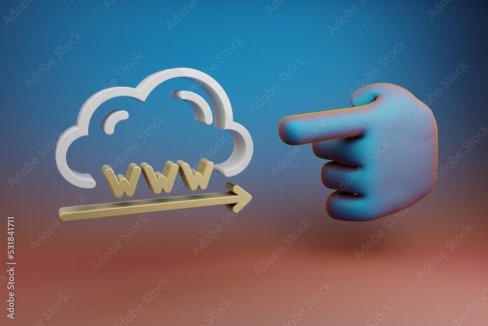 Fototapete Beautiful illustrations abstract Hand index finger points to Cloud Domain Name symbol icon on a multicolor bright background. 3d rendering illustration. Background pattern for design.