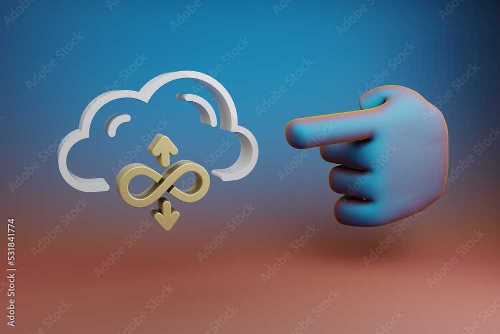 Fototapete Beautiful illustrations abstract Hand index finger points to Cloud Server Bandwidth symbol icon on a multicolor bright background. 3d rendering illustration. Background pattern for design.