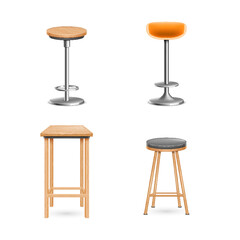 Set of bar chairs wooden and metal realistic object. Contemporary furniture for kitchen