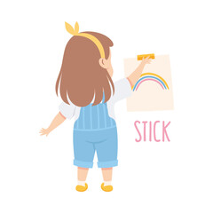 Little Girl Sticking Rainbow Drawing to the Wall Demonstrating Vocabulary and Verb Studying Vector Illustration
