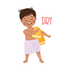 Little Boy Drying with Towel After Shower Demonstrating Vocabulary and Verb Studying Vector Illustration