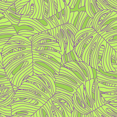Fototapeta premium Contoured outline monstera silhouettes seamless pattern. Palm leaves endless background. Botanical wallpaper.