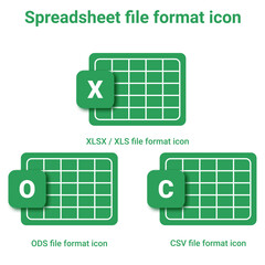 Vector of spreadsheet icon. XLSX or XLS format icon,CSV format icon,and ODS format icon.digital document extension. Open document format for spreadsheet. - obrazy, fototapety, plakaty