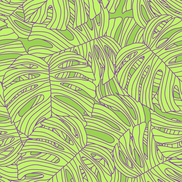 Fototapeta Contoured outline monstera silhouettes seamless pattern. Palm leaves endless background. Botanical wallpaper.