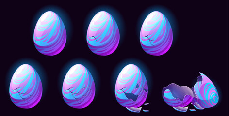 Fantasy dragon eggs in different steps of break with cracks and shell halves. Vector cartoon animation sprite sheet with sequence of magic animal or alien monster born from egg with spiral pattern
