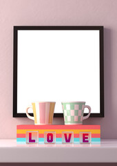 二つのマグカップとガラスキューブ　LOVE　フレーム　3DCG　部屋　恋愛イメージ