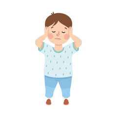 Annoyed Little Boy not Listening Plugging and Covering His Ears with Hands Vector Illustration