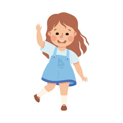 Cute Little Girl Waving Raised Hand Greeting Vector Illustration