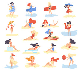 Young Woman at Sea Shore Engaged in Different Activity Big Vector Set
