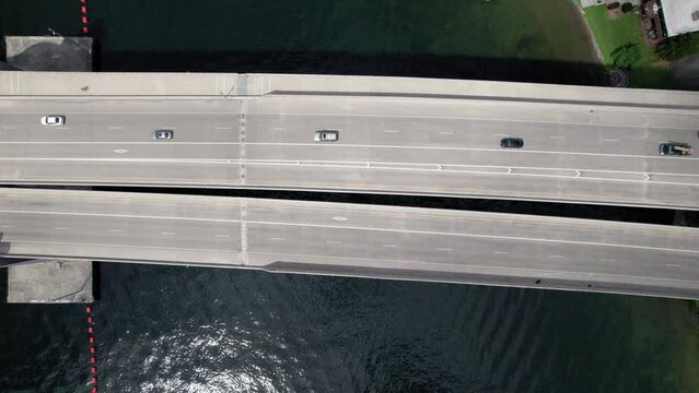 Aerial Top View of 520 Floating Bridge on Lake Washington