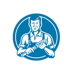 Plumber Holding Wrench Circle Retro
