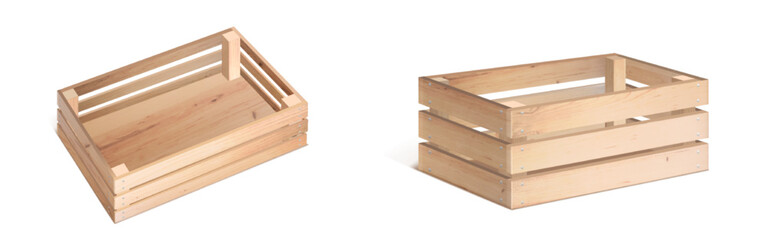 Wooden box or empty crate 3D vector isolated icon. Wood tray for farm fruit or vegetable, timber plank container for market storage, pallet for delivery, top angle view