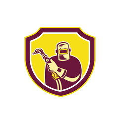 Welder Holding Welding Torch Shield Retro