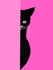 Hand drawn illustrations of black cat and pink background. Design for Wallpaper, Print, Card, Cover, Banner, Logo and Web design.