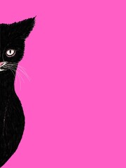 Hand drawn illustrations of black cat on pink background. Design for Wallpaper, Print, Card, Cover, Banner, Logo and Web design.