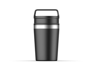 Matte travel mug mockup, blank thermos insulated vacuum mug for branding and promotion. 3d render illustration.