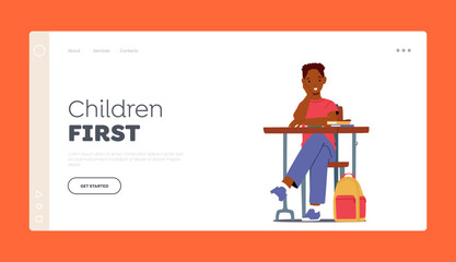 Child Primary Education Landing Page Template. African Pupil Kid Character Learning in Class, Student Sitting at Desk