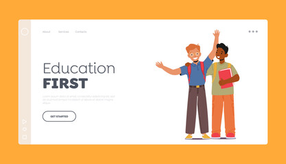 Happy Kids Education Landing Page Template. Schoolboys Friends with Backpacks and Books Stand Together Hug, Waving Hands