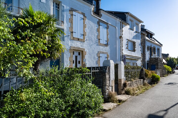 Brittany, Ile aux Moines island in the Morbihan gulf, small street and beautiful houses in the village
