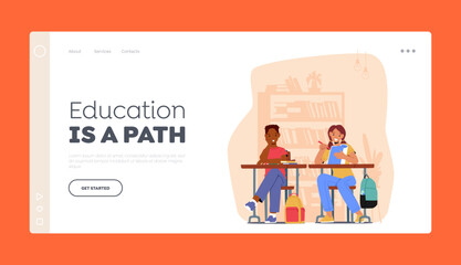 Children School Education Landing Page Template. Happy Kids Boy and Girl Sit at Desk in Classroom Studying in Class