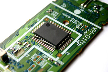 Electronic circuit board close up. Motherboard digital chip. High-tech technology background