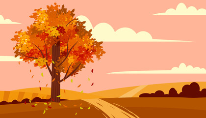 Naklejka na ściany i meble Autumn landscape countryside scene, road, tree banner. Rural fall view fields