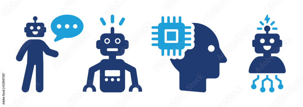 Poster Robot Cyborg icon set. Humanoid robotic icon. Artificial Intelligence concept. Vector illustration.