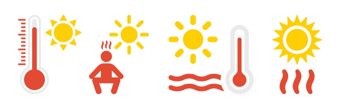 Hot weather icon set. Containing high temperature, sun and heat icon. Summer season concept. Vector illustration.