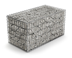 Gabion basket with stones on white background - 3D illustration