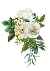 White flowers bouquet, roses and leaves, hand drawn