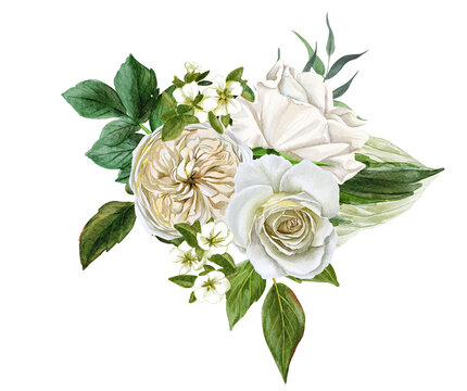White flowers bouquet, roses and leaves, hand drawn