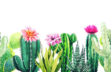 Seamless border composed of watercolor cactus plants