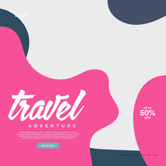 Social media post template for travel and tourism business promotion with agency logo and icons. Summer beach vacation web banner on abstract background. Travel sales poster. Online marketing flyer.