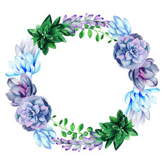 Watercolor wreath frame composed of bright full color succulent