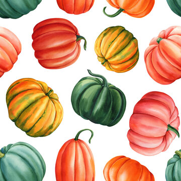 Autumn Seamless pattern. Multicolored pumpkins in watercolor