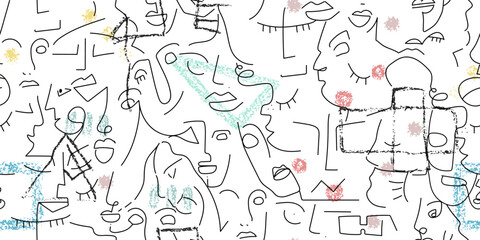 One line drawing. Abstract face seamless pattern.