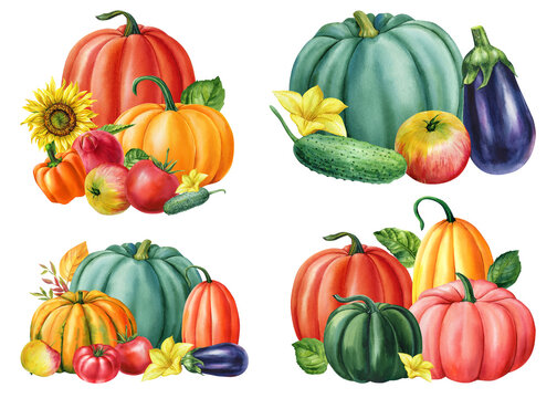 Colorful vegetables, pumpkins, pepper and tomato, watercolor botanical illustration. Seamless pattern
