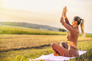Lifestyle woman yoga exercise and pose for healthy life. Young girl or people pose balance body vital zen and meditation for workout nature background in morning day.