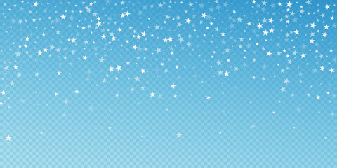 Christmas falling snow background. Subtle flying snow flakes and stars. Festive winter silver snowflake overlay template. Vector illustration