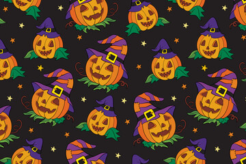 Seamless pattern of Halloween with Cute Pumpkins in hats