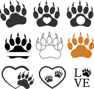 bear paw monogram icon. Pet paw print cat dog man friend sign. pet paw print with heart symbol. flat style.