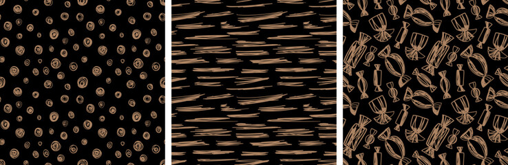Abstract seamless pattern set. Hand drawn vector illustration. Pen or marker doodle sketch. Black and golden scribble
