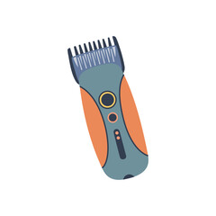 Obraz premium Modern electric hair trimmer. Modern equipment for barbershop. Hairdressing tool. Hand drawn vector illustration isolated on white background. Flat cartoon style.