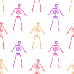 Fototapeta na wymiar Colorful skeleton art seamless pattern. Human skeletons for tattoo, print, T-shirt and halloween concept.