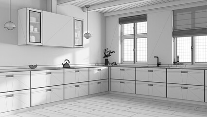 Blueprint unfinished project draft, wooden kitchen. Minimalist and clean style. Parquet floor and beams ceiling. Japandi interior design