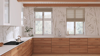 Japandi wooden kitchen in white tones. Parquet floor, beams ceiling and bamboo wallpaper. Panoramic windows. Minimalist interior design